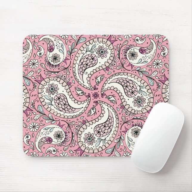 Paisley-Vögel in Babyrosa Mousepad (Mit Mouse)