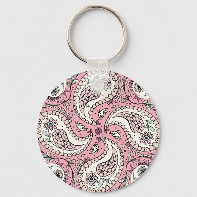 Paisley-Vögel in Babyrosa Schlüsselanhänger (Vorderseite)