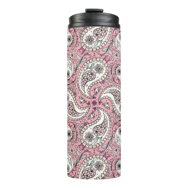 Paisley-Vögel in Babyrosa Thermosbecher (Vorderseite)