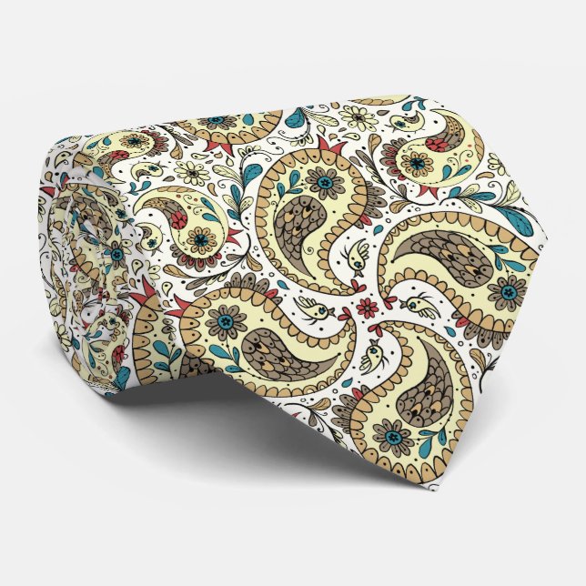 Paisley-Vögel in Gelb/Braun und Weiß Krawatte (Gerollt)