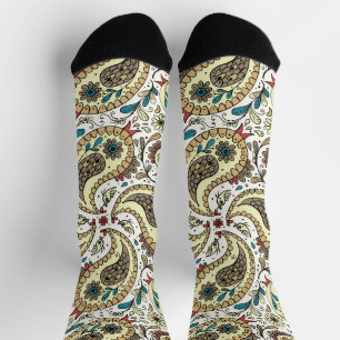 Paisley-Vögel in gelb/braun und weiß Socken