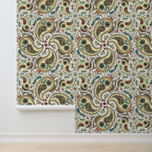 Paisley-Vögel in Gelb/Braun und Weiß Tapete