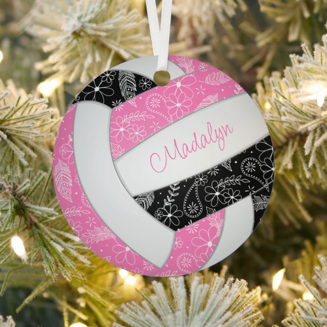 Paisleyball Federn Blütenrosa schwarzer Volleyball Ornament Aus Metall (InSitu)