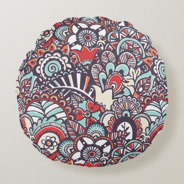 Paisleyblumengekritzel-Muster Rundes Kissen (Vorderseite)