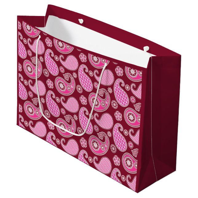 Paisleymuster, Burgund, Rosa und Weiß Große Geschenktüte (Vorderseite Schrägansicht)