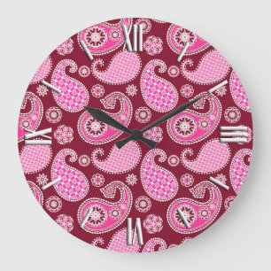 Paisleymuster, Burgund, Rosa und Weiß Große Wanduhr
