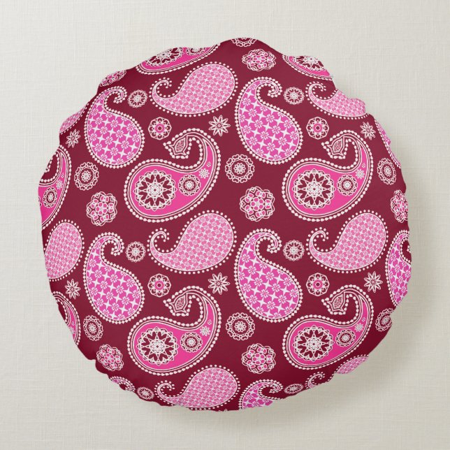 Paisleymuster, Burgund, Rosa und Weiß Rundes Kissen (Rückseite)
