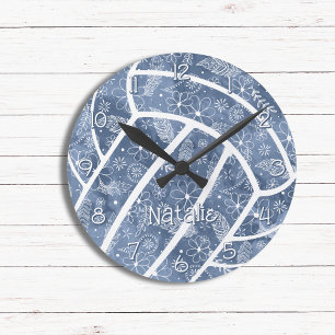 Paisleys Feathers Blume Denim Blue Volleyball Runde Wanduhr