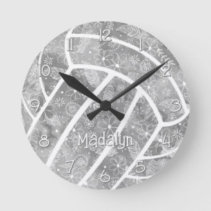 Paisleys Feathers Blume Grauer Volleyball Runde Wanduhr