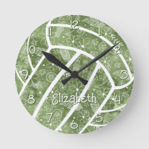 Paislies Federn Blume Salbei grünen Volleyball Runde Wanduhr