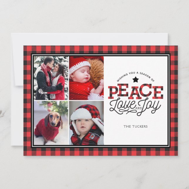 PAIX Amour Joy Buffalo Plaid Bordure 4 Cartes phot (Devant)