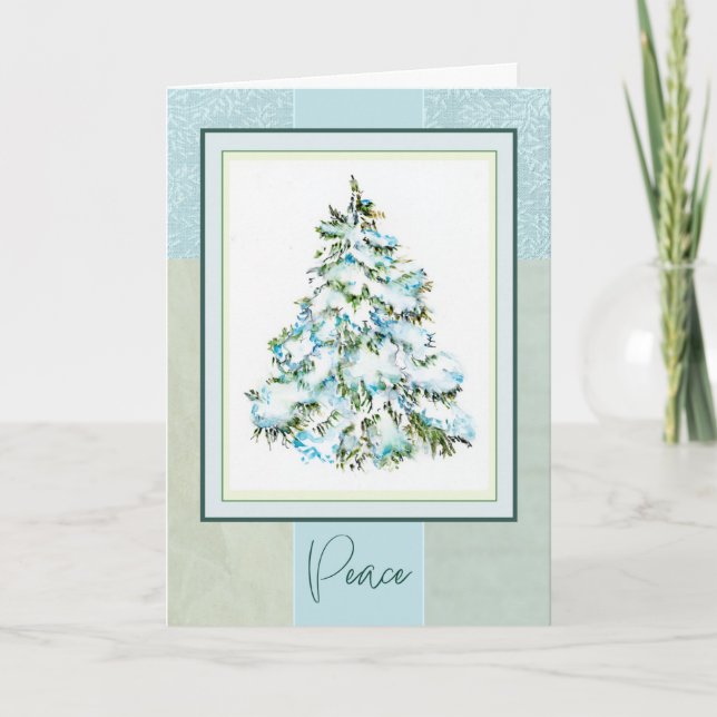 Paix Arbre de Noël Aquarelle de neige Carte pliée (Devant)