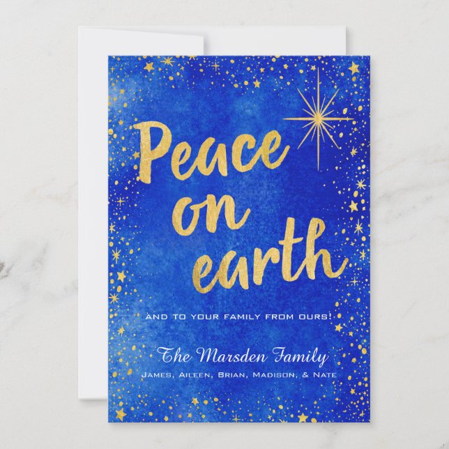 Paix sur Terre Carte de Noël bleue et or (Devant)