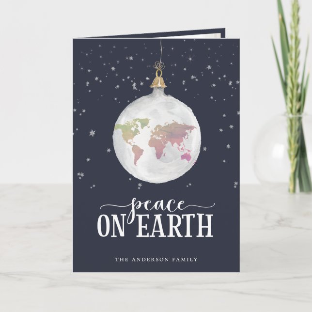 Paix sur Terre Globe Ornement Carte de vacances bl (Devant)
