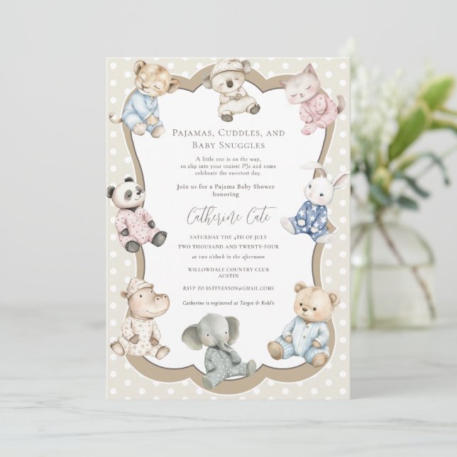 Pajama Party Animal Theme Baby Shower  Einladung (Stehend Vorderseite)