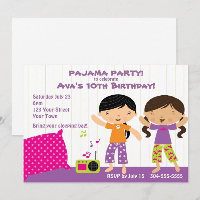 Pajama Party für Mädchen Einladung (Vorne/Hinten)