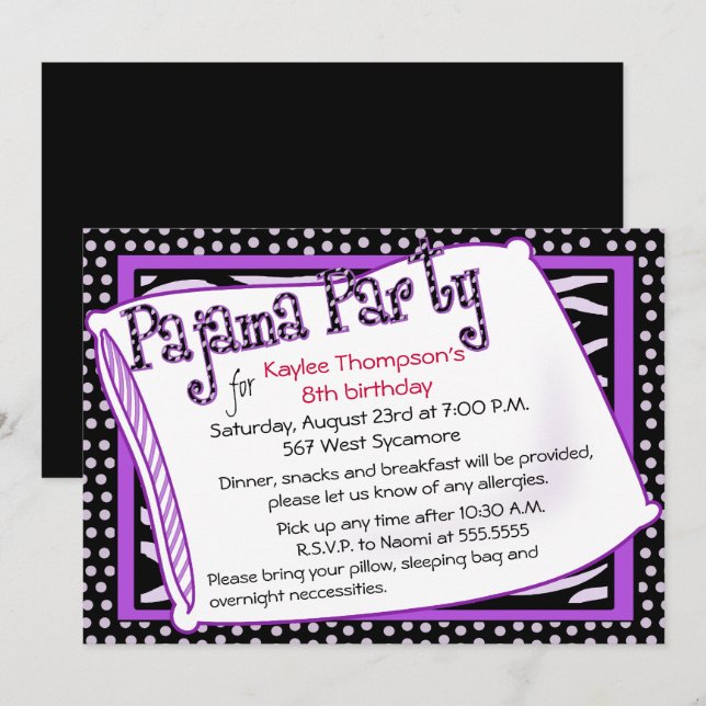 Pajama-Party in Schwarz und Lila Einladung (Vorne/Hinten)
