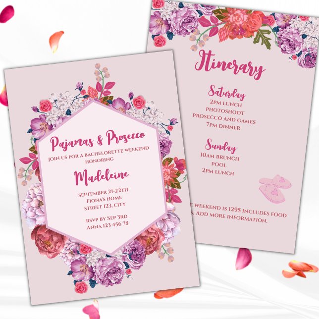 Pajamas And Prosecco Floral Bachelorette Weekend Einladung (pajamas and prosecco pj's and prosecco bachelorette party invitation weekend itinerary floral pink)