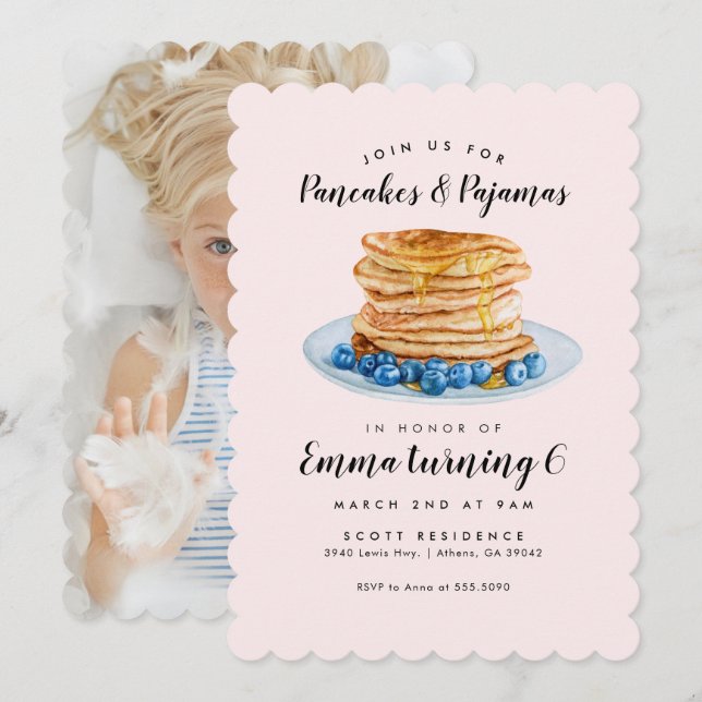 Pajamas Pancakes Pink Invitation Anniversaire (Devant / Derrière)