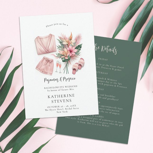 Pajamas Prosecco Bachelorette Tropical 2 Tour Einladung (pajamas prosecco bachelorette itinerary invitation champagne tropical floral lingerie pj classy)