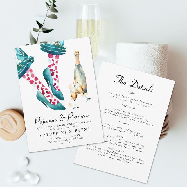 Pajamas Prosecco Chic Junggeselinnen-Abschied Rout Einladung (pajamas prosecco bachelorette party weekend itinerary invitation whimsical stilettos pjs watercolor )