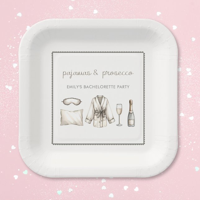 Pajamas & Prosecco Personalisierter Junggeselinnen Pappteller (Get cozy with our Pajamas & Prosecco bachelorette party plates! Perfect for a fun and chic soirée.)
