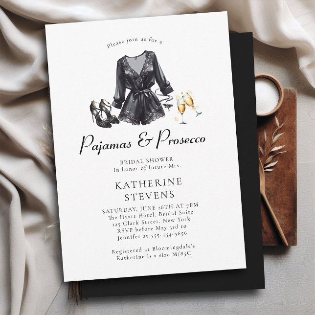 Pajamas Prosecco PJ Black Lingerie Brautparty Einladung (pajama pj lingerie party bridal shower invitation black night robe champagne pajamas prosecco classy)