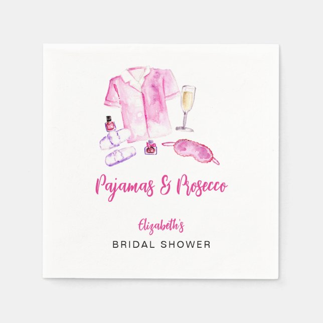 Pajamas und Prosecco Brautparty Rosa Skript Serviette (Vorderseite)