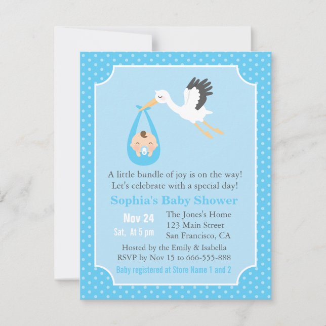 Paket von Joy Stork Delivery Baby Boy Shower Einladung (Vorderseite)