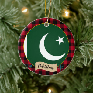 Pakistan, Roter Büffel kariert & Pakistan Flagge Keramik Ornament