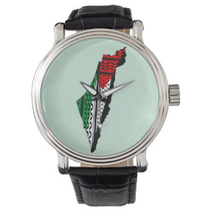 Palästina-Karte mit Flaggen und Keffiyeg-Muster Armbanduhr
