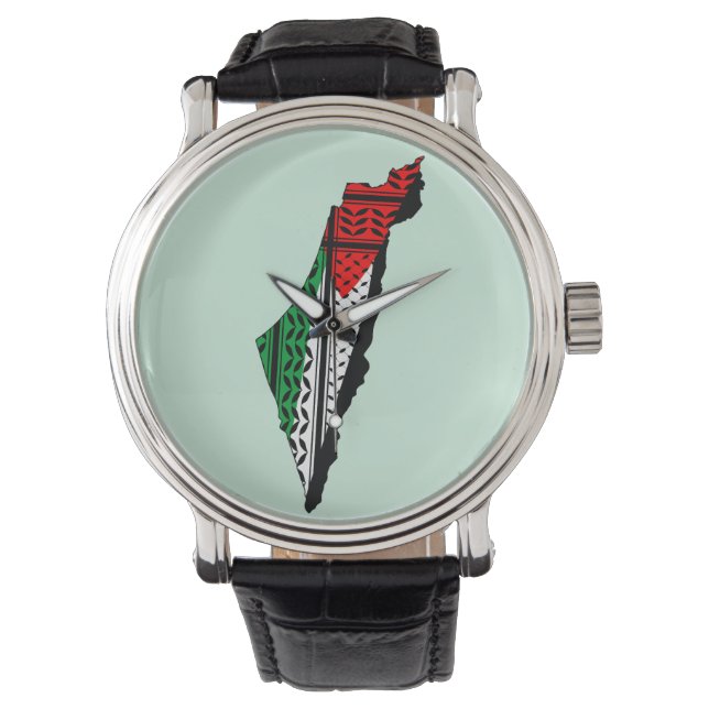 Palästina-Karte mit Flaggen und Keffiyeg-Muster Armbanduhr (Vorderseite)