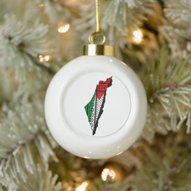 Palästina-Karte mit Flaggen und Keffiyeg-Muster Keramik Kugel-Ornament (Baum)
