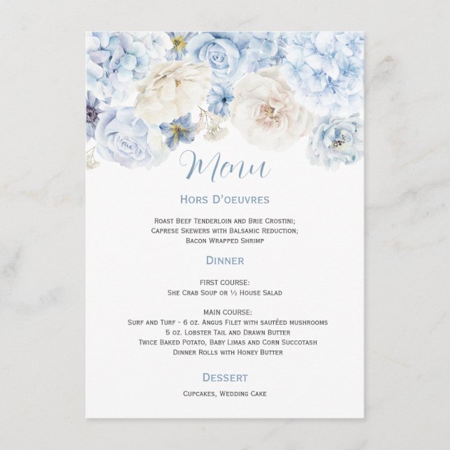 Pale Blue and White Floral Mariage Menu (Devant)