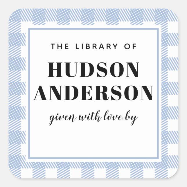 Pale Blue Gingham Kariert Baby Boy Book Plate Quadratischer Aufkleber (Vorderseite)