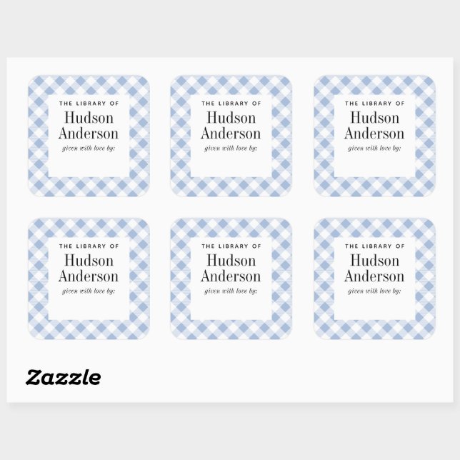 Pale Blue Gingham Kariert Baby Boy Book Plate Quadratischer Aufkleber (Blatt)