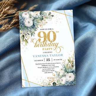 Pale blue gold leaves soft chic 90th birthday  einladung
