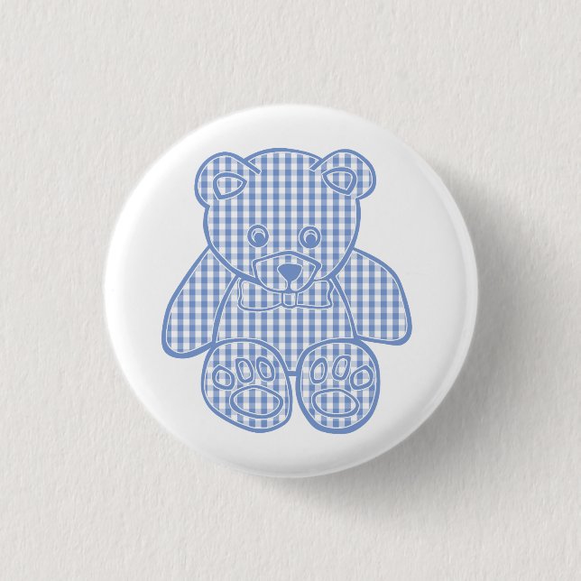 Pale Blue Pastel Gingham Teddy Bear Button (Vorderseite)