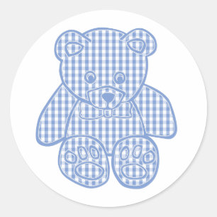 Pale Blue Pastel Gingham Teddy Bear Runder Aufkleber
