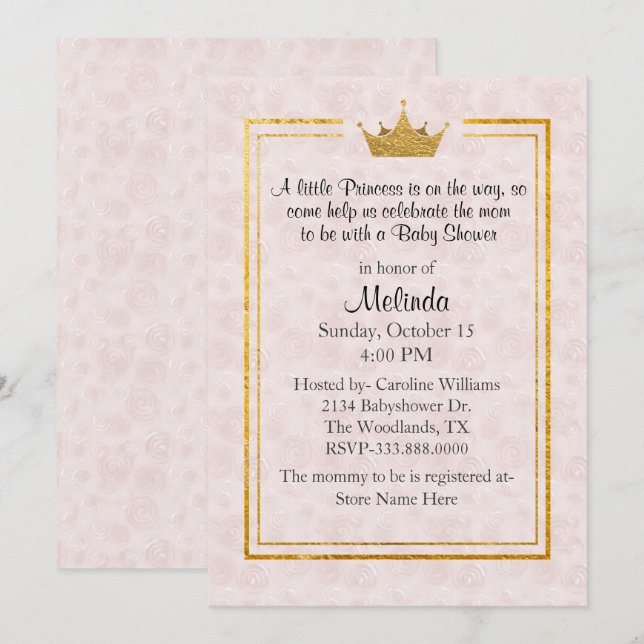 Pale Blush avec Gold Crown Baby shower Invitation (Devant / Derrière)