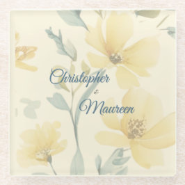 Pale Butter Yellow Soft Blue Floral Wedding Glasuntersetzer