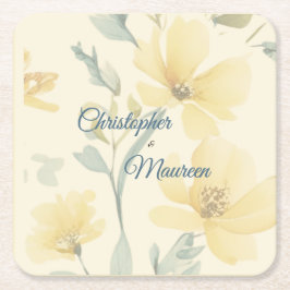 Pale Butter Yellow Soft Blue Floral Wedding Rechteckiger Pappuntersetzer