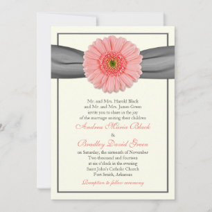 Pale Coral Gerbera Gray Ribbon Wedding Einladung