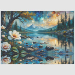 Pale Flowers grow along blue river, Mountains Seidenpapier
