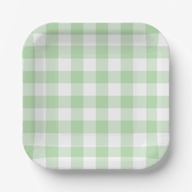 Pale Green Gingham Kariert Pattern Pappteller (Vorderseite)