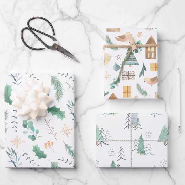 Pale Green und Gold skandinavisches Weihnachtsmust Geschenkpapier Set (Vorderseite)