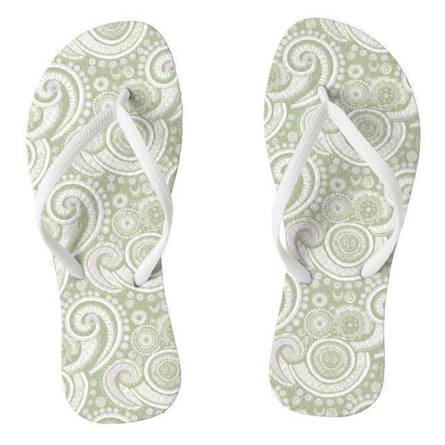Pale Green und White Paisley Muster Flip Flops (Fußbett)