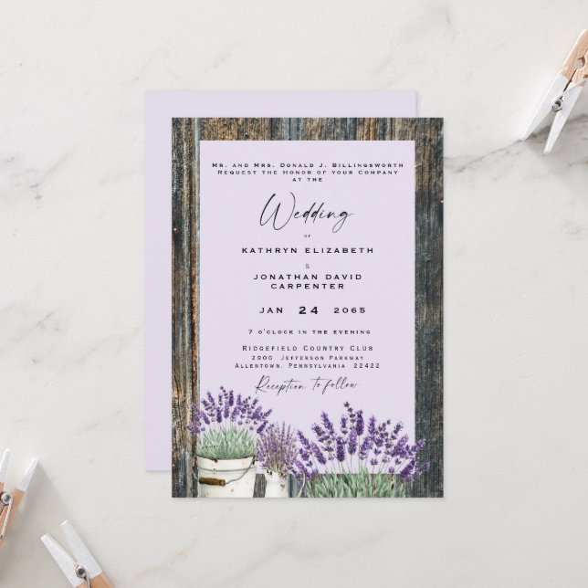 Pale Lavender Rustic Wood Wedding Einladung (Vorderseite/Rückseite Beispiel)