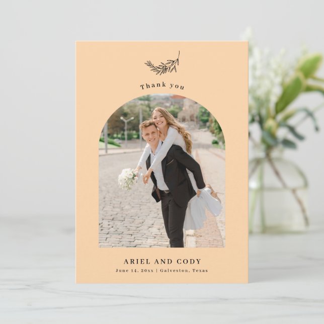 Pale Orange | Arch Wedding Foto Dankeschön Karte (Stehend Vorderseite)