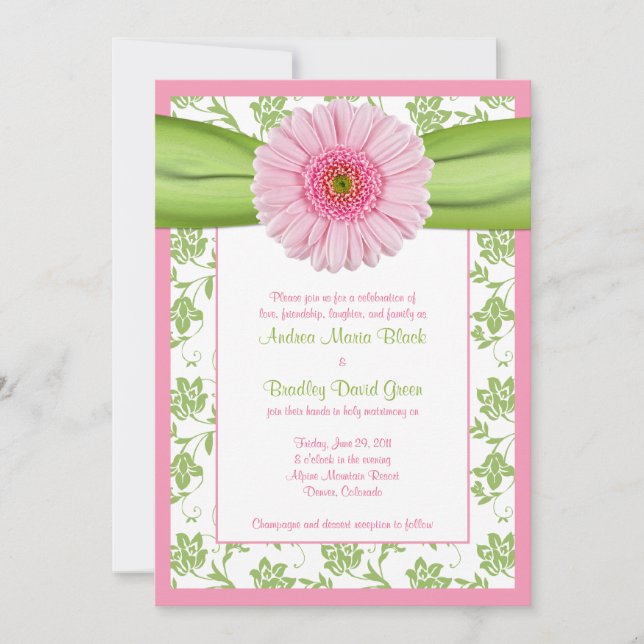 Pale Pink Gerbera Green Floral Wedding Einladung (Vorderseite)